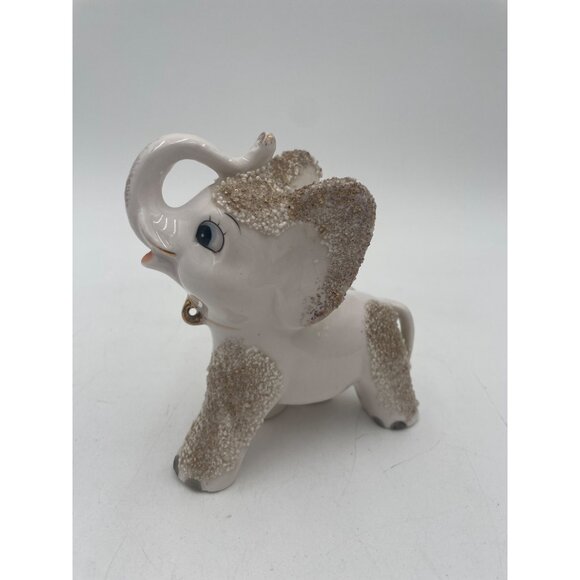 Vintage Ceramic Elephant Figurine Textured Fur & Gold Bell Adorable Retro Decor - Picture 3 of 10
